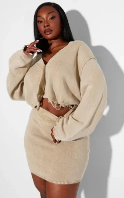 Plus Stone Distressed Detail Acid Wash Knit Cardigan