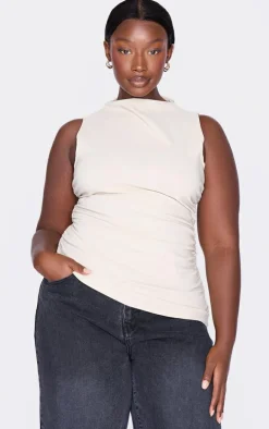 Plus Stone High Neck Ruched Asymmetrical Long Top