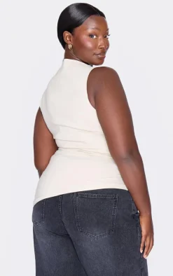 Plus Stone High Neck Ruched Asymmetrical Long Top