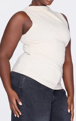 Plus Stone High Neck Ruched Asymmetrical Long Top