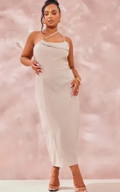 Plus Stone Linen Look Asymmetric Strap Midi Dress