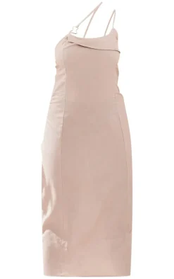 Plus Stone Linen Look Asymmetric Strap Midi Dress