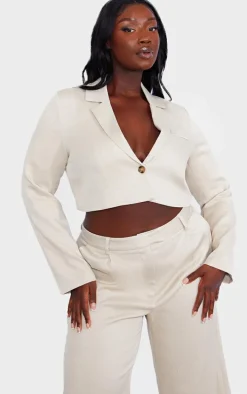 Plus Stone Linen Look Cropped Blazer