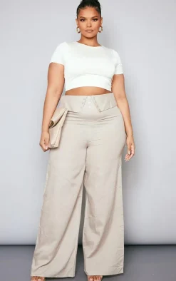 Plus Stone Linen Look Fold Over Wide Leg Pants
