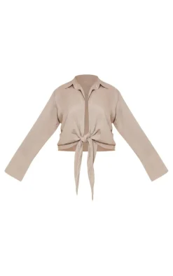 Plus Stone Linen Look Oversized Tie Front Shirt