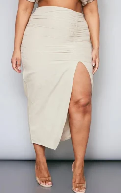 Plus Stone Linen Look Ruched Side Split Midi Skirt
