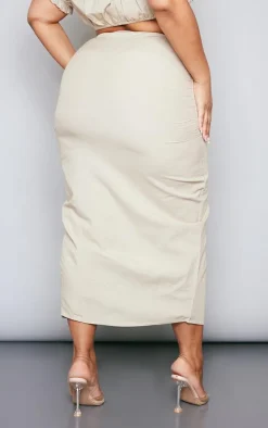 Plus Stone Linen Look Ruched Side Split Midi Skirt