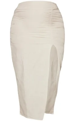 Plus Stone Linen Look Ruched Side Split Midi Skirt