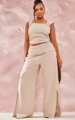 Plus Stone Linen Look Wrap Detail Wide Leg Jumpsuit