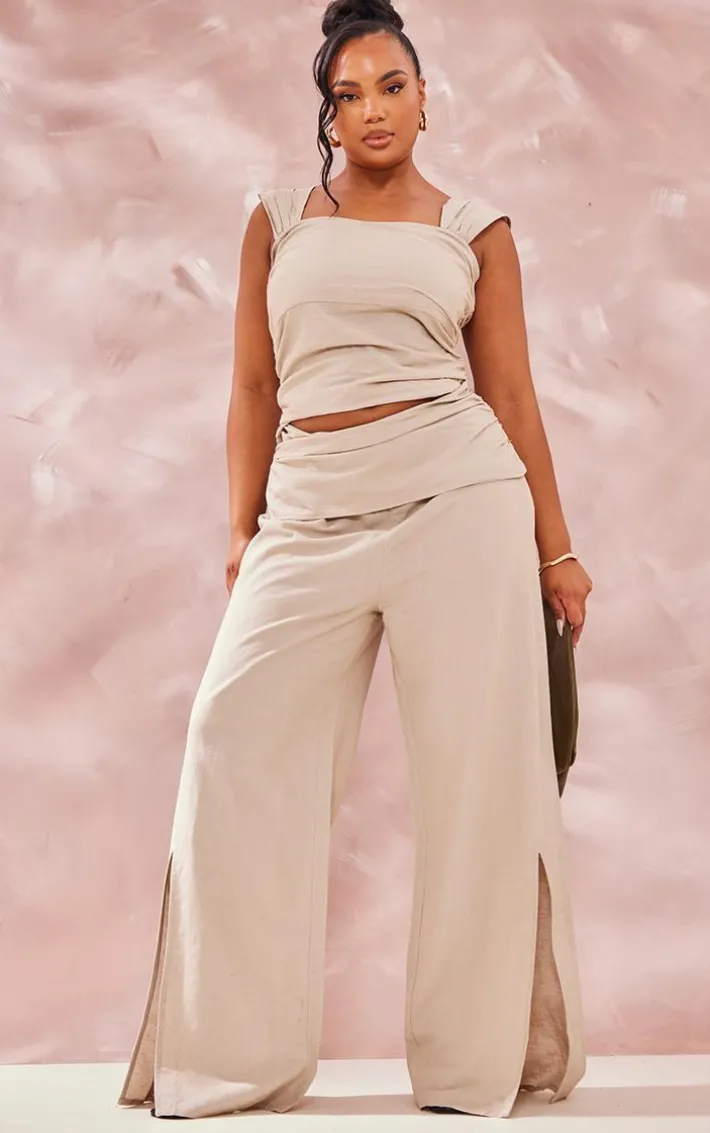 Plus Stone Linen Look Wrap Detail Wide Leg Jumpsuit