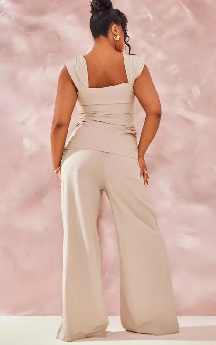 Plus Stone Linen Look Wrap Detail Wide Leg Jumpsuit