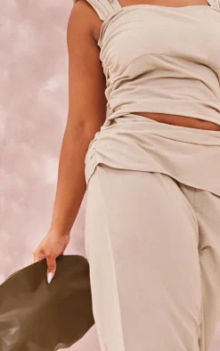 Plus Stone Linen Look Wrap Detail Wide Leg Jumpsuit