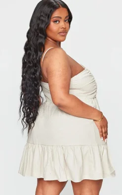 Plus Stone Linen Ruched Bust Detail Tiered Hem Mini Dress