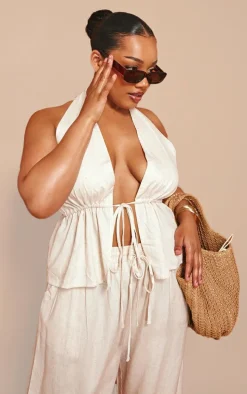 Plus Stone Marl Linen Look Tie Waist Longline Top