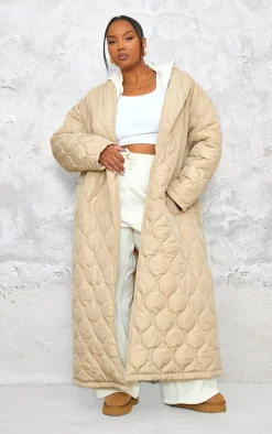 Plus Stone Maxi Belted Quilted Coat