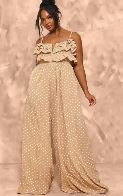 Plus Stone Polka Dot Strappy Ruffle Wide Leg Jumpsuit