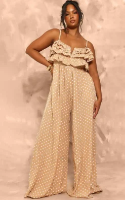Plus Stone Polka Dot Strappy Ruffle Wide Leg Jumpsuit