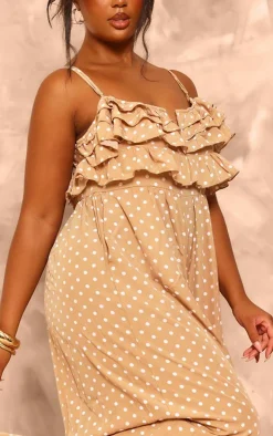 Plus Stone Polka Dot Strappy Ruffle Wide Leg Jumpsuit