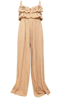 Plus Stone Polka Dot Strappy Ruffle Wide Leg Jumpsuit
