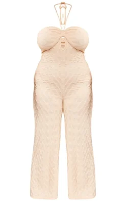 Plus Stone Textured Halterneck Jumpsuit