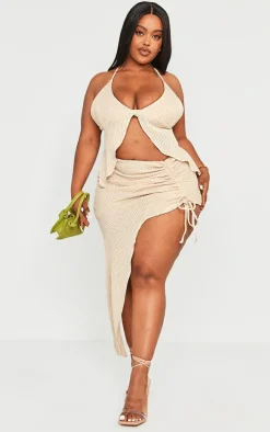 Plus Stone Textured Knit Ruched Midi Skirt