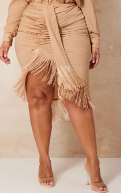 Plus Stone Textured Linen Tassel Drape Midi Skirt