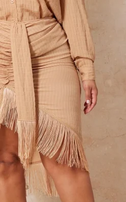 Plus Stone Textured Linen Tassel Drape Midi Skirt