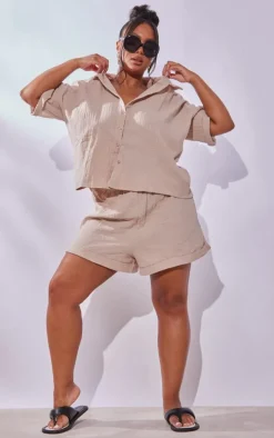 Plus Stone Textured Linen Look Floaty Shorts