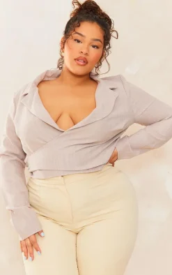 Plus Stone Textured Wrap Around Crop Blazer