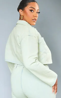 Plus Stone Vintage Wash Seam Detail Crop Denim Jacket