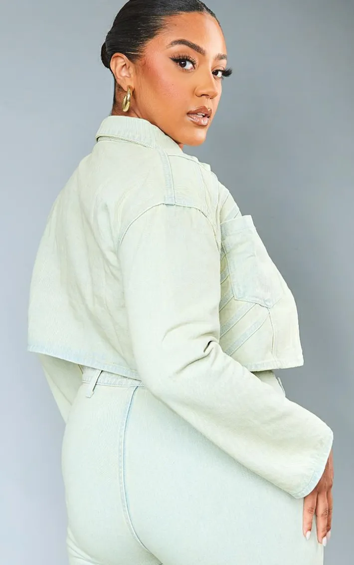 Plus Stone Vintage Wash Seam Detail Crop Denim Jacket