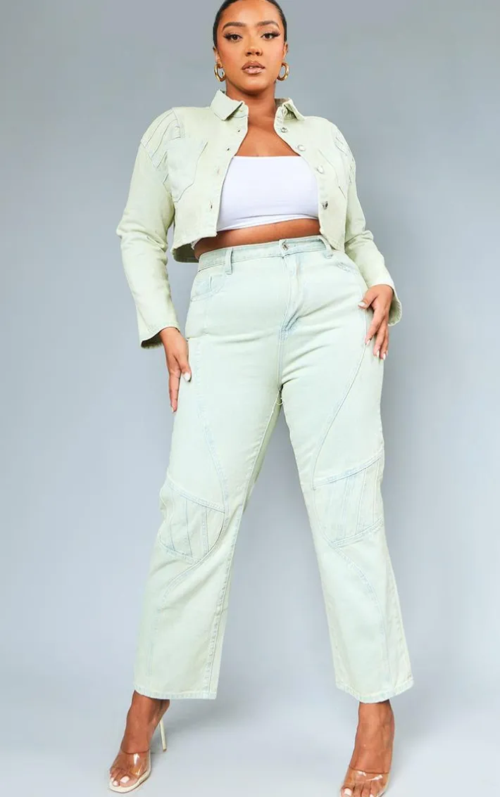 Plus Stone Vintage Wash Seam Detail Crop Denim Jacket