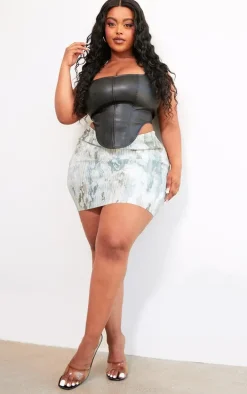 Plus Stone Washed Camo Printed Plisse Micro Mini Skirt