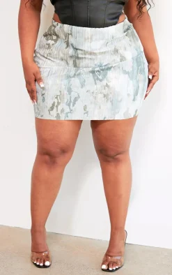 Plus Stone Washed Camo Printed Plisse Micro Mini Skirt
