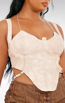 Plus Stone Washed Faux Leather Cross Halterneck Dip Hem Corset