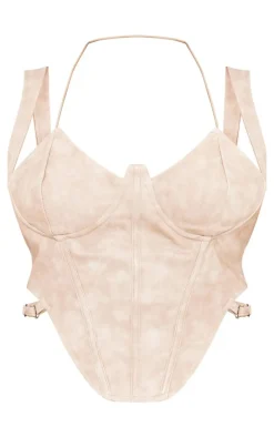 Plus Stone Washed Faux Leather Cross Halterneck Dip Hem Corset