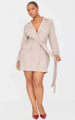 Plus Stone Woven Belted Blazer Dress