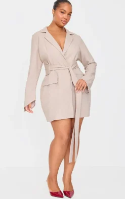 Plus Stone Woven Belted Blazer Dress