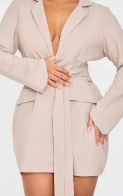 Plus Stone Woven Belted Blazer Dress