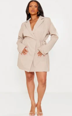 Plus Stone Woven Long Sleeve Toggle Waist Blazer Dress