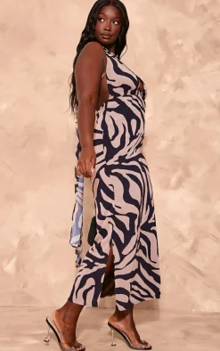 Plus Stone Zebra Printed Chiffon Halterneck Maxi Dress