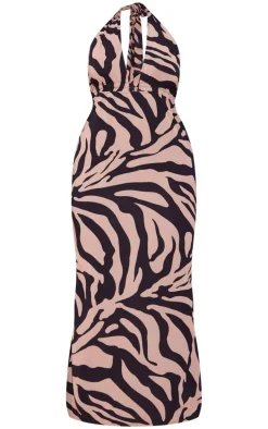 Plus Stone Zebra Printed Chiffon Halterneck Maxi Dress