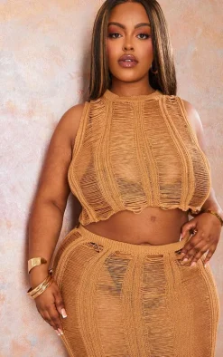 Plus Tan Distressed Knit Crew Neck Top