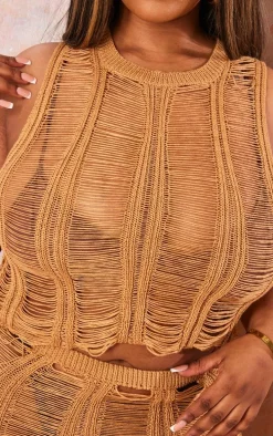 Plus Tan Distressed Knit Crew Neck Top