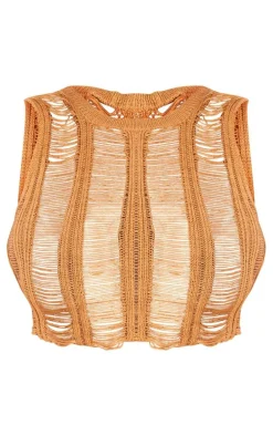 Plus Tan Distressed Knit Crew Neck Top