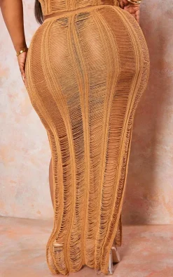Plus Tan Distressed Knitted Midaxi Skirt