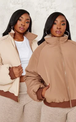 Plus Taupe And Sand Reversible Bomber Puffer