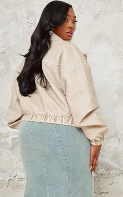 Plus Taupe Distressed Faux Leather Button Up Bomber Jacket