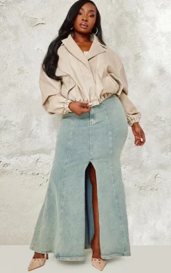 Plus Taupe Distressed Faux Leather Button Up Bomber Jacket