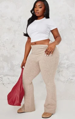 Plus Taupe Melange Soft Knit Foldover Waist Flared Pants